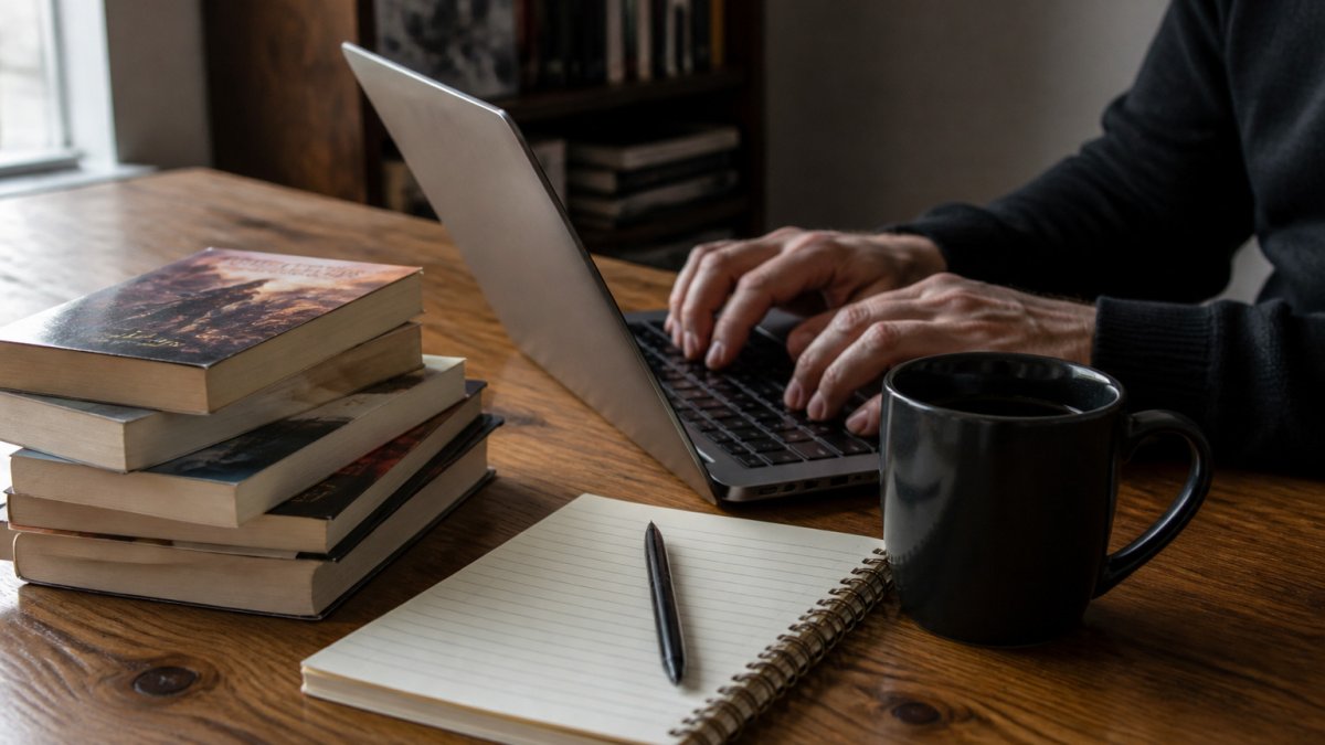 Hands typing on a laptop near paperback novels and a coffee mug to track book series releases on a wooden desk.