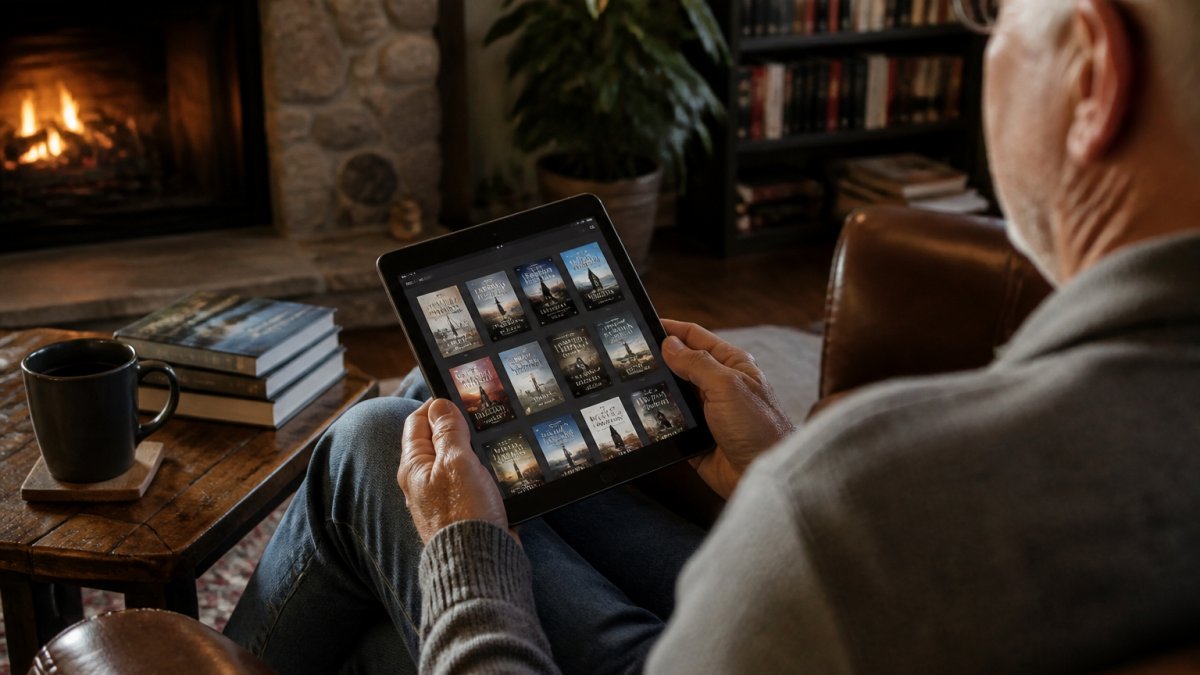 Person holding a tablet displaying an e-book store interface while sitting in a comfortable reading nook with warm lighting and a coffee cup nearby