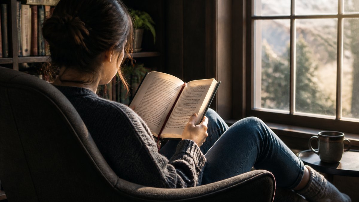 A reader curled in an armchair beside a tall window, holding a paperback open with a bookmark ribbon trailing, afternoon light falling across the pages