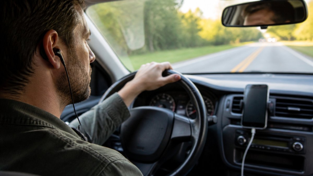 Person focused on the road while listening to an audiobook on their dashboard-mounted smartphone