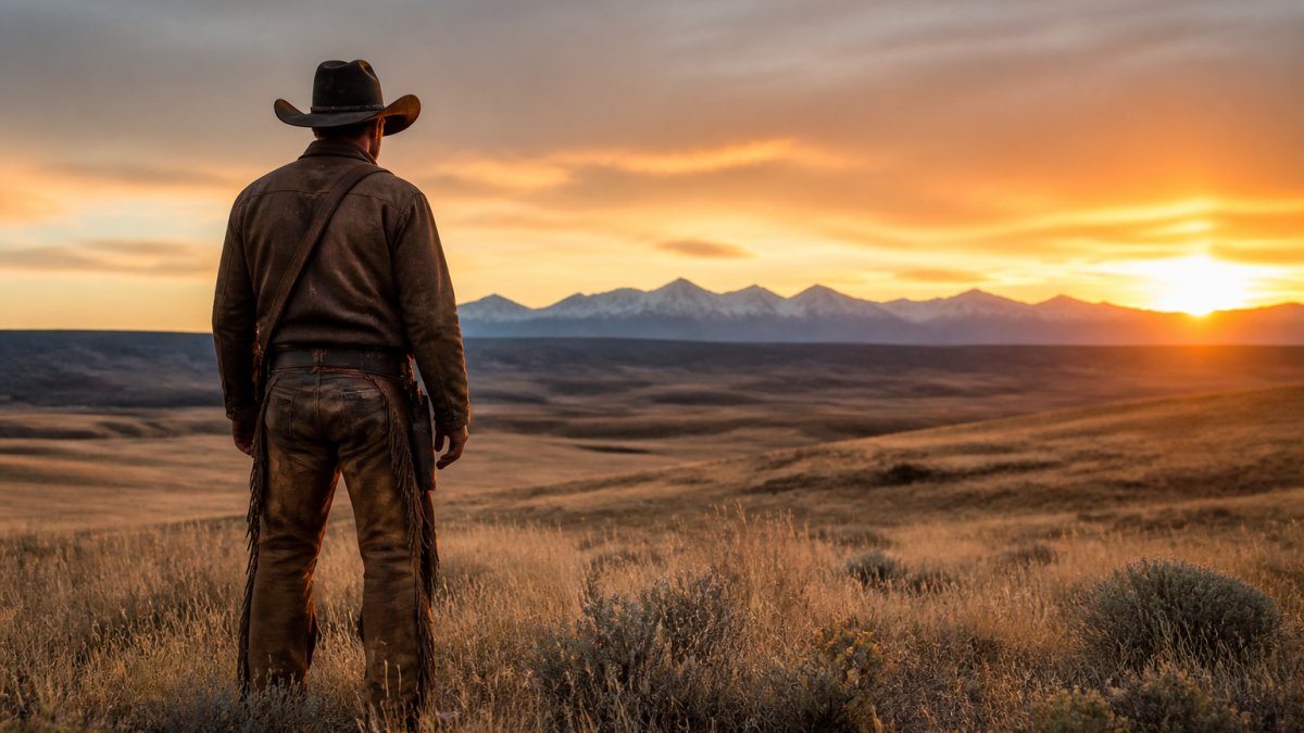 Weathered cowboy standing on a vast prairie at sunset, evoking the rugged spirit of survivalist western novels.