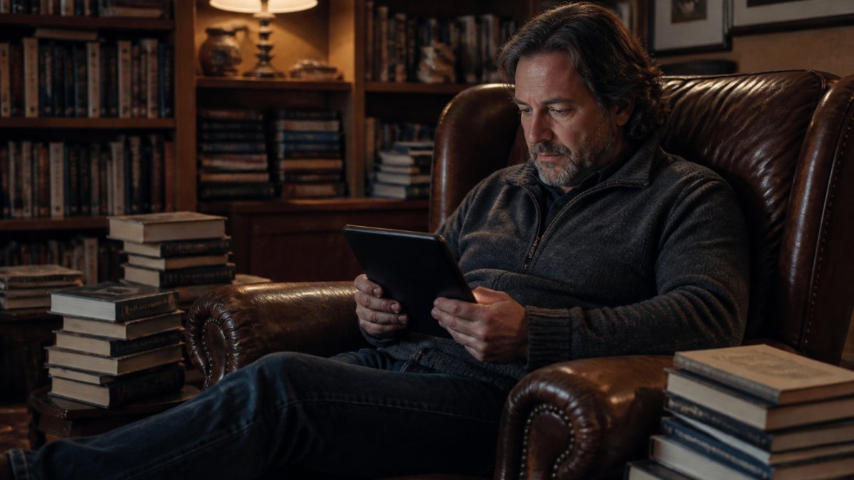 Reader deeply immersed in reading on a tablet device, sitting in a comfortable chair with warm evening lighting, surrounded by stacked physical books in a cozy home library setting, showing focused, engaged reading posture