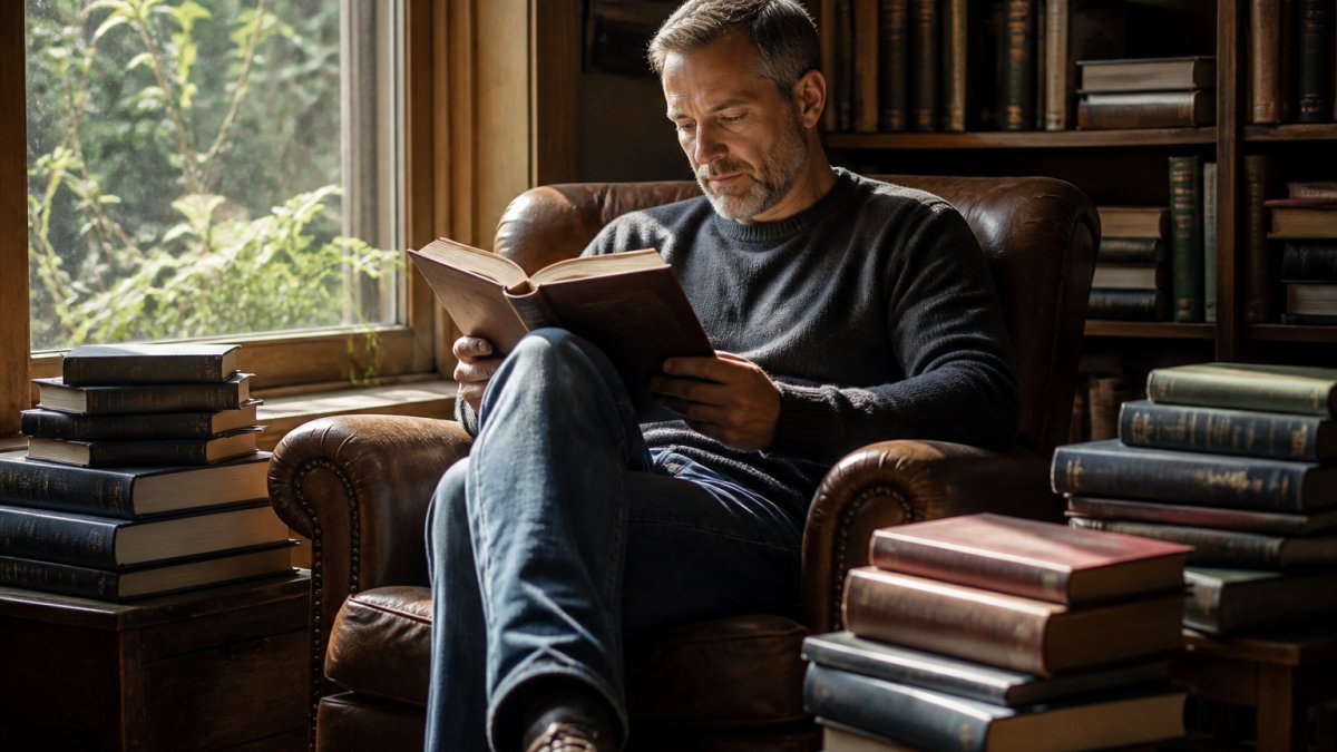 Reader sitting in a comfortable armchair surrounded by stacked science fiction novels, natural sunlight streaming through a window, absorbed in reading a hardcover book