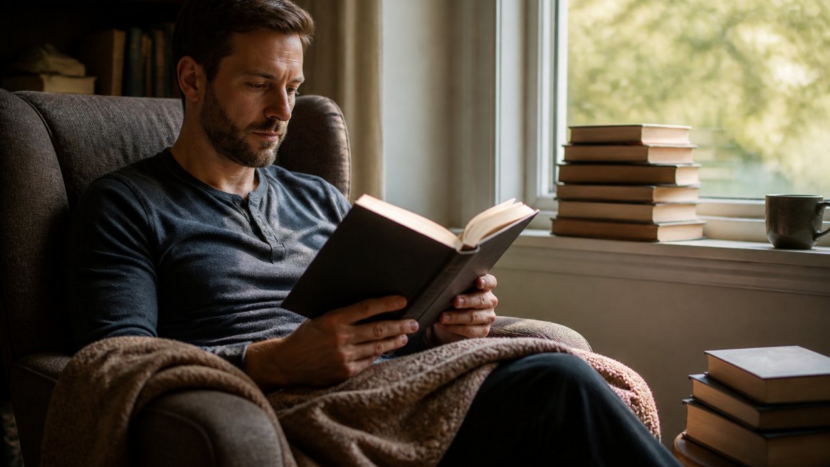 Reader absorbed in a science fiction novel, sitting in a comfortable reading chair near a window with natural afternoon light, surrounded by stacked books and a warm blanket