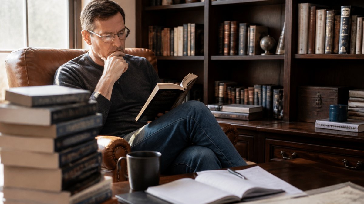 A reader sitting in a cozy chair with books, deciding between hard science fiction vs space opera to read next.