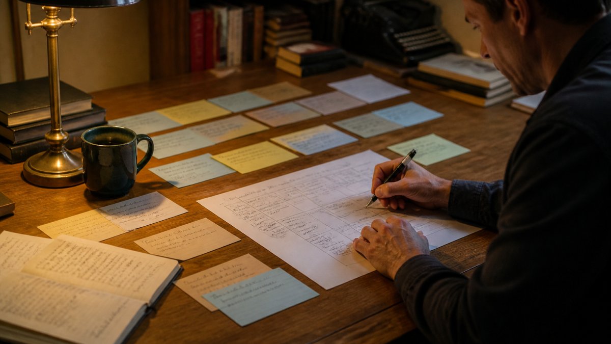 A writer plotting a thriller novel on index cards at a wooden desk under warm lamplight