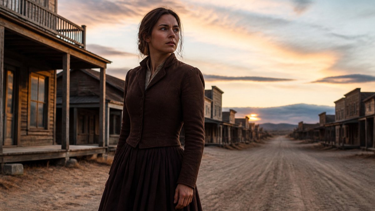 A determined woman in period clothing stands on a dusty town street at dusk, evoking the spirit of frontier thrillers.