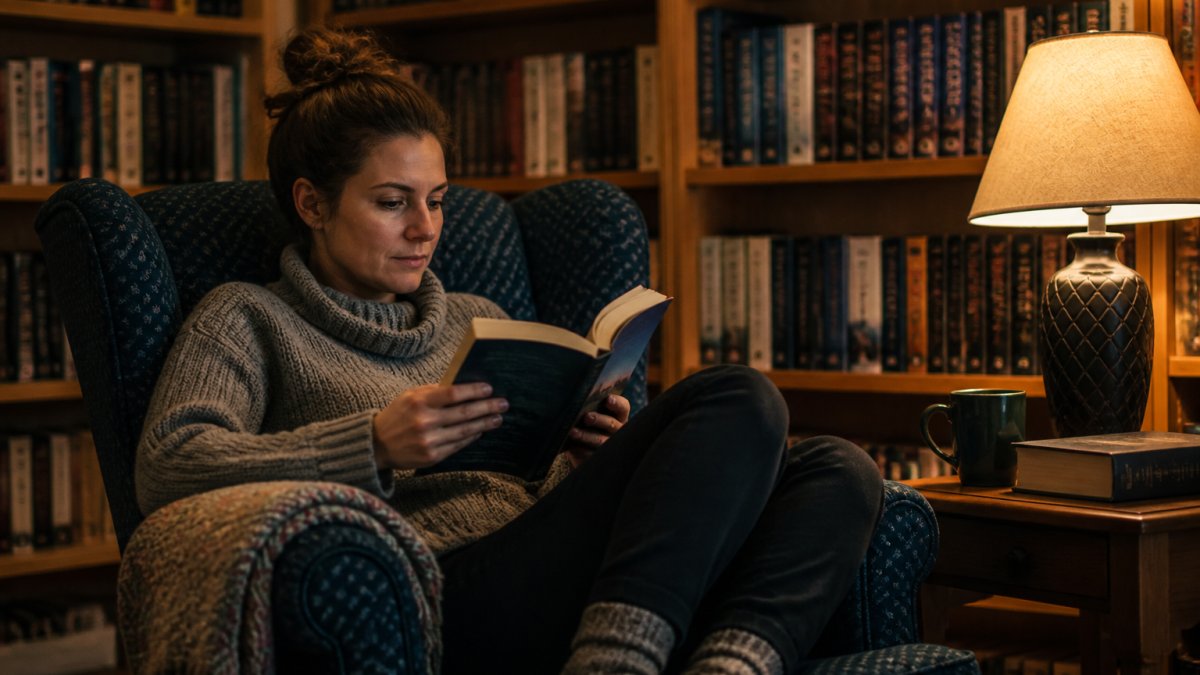 A reader curled up in a comfortable armchair with a thick science fiction paperback and a warm lamp beside them, bookshelves stacked with series in the background
