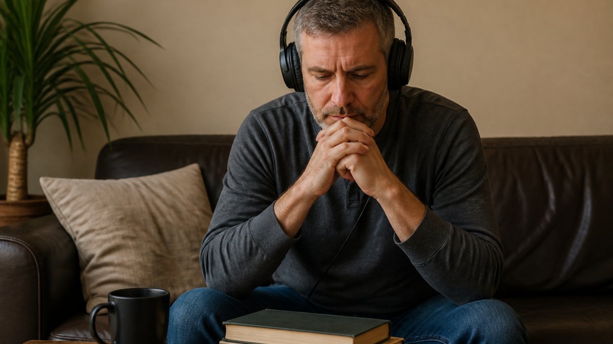 Person wearing quality headphones in a quiet home listening environment, focused expression while evaluating audio clarity and production quality