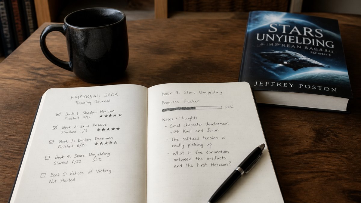Reading journal layout showing a step-by-step process to track progress multi-book series with handwritten notes.